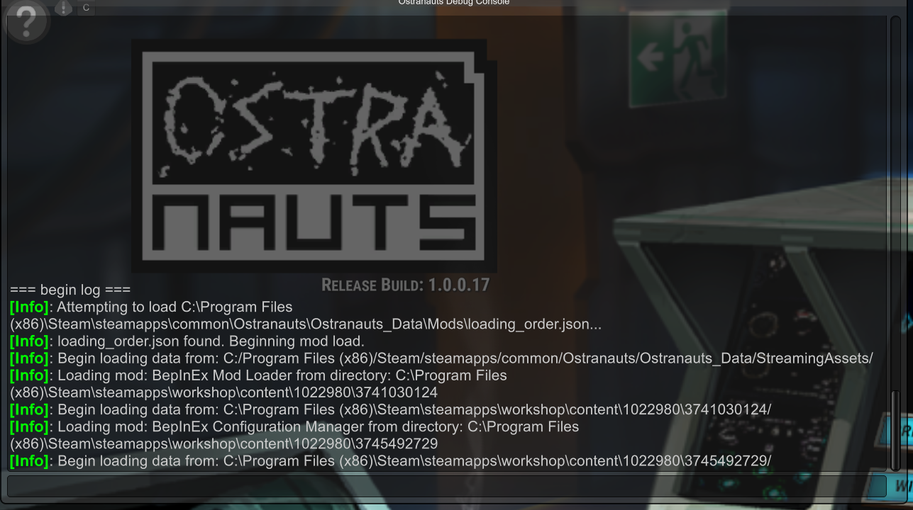 Console output after loading the Workshop bridge