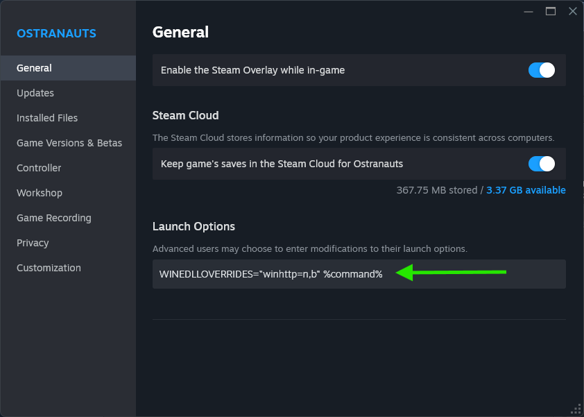 The Proton DLL override in Steam launch options